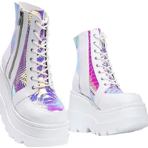 White platform ankle boots with iridescent snake skin pattern and thick wedge sole