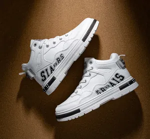 Men's mid-top microfiber leather skateboard sneakers in white with stylish graphics