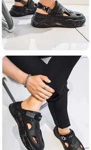 Detailed view of fashionable men's black closed-toe casual sandals with thick soles