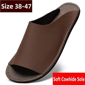 Claquettes Décontractées en Cuir de Vachette pour Hommes Sandales de Plage Extérieur Grande Taille Semelle Souple Cousues Main Antidérapant