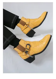 Men's yellow crocodile embossed Chelsea boots with metal chain and buckle design