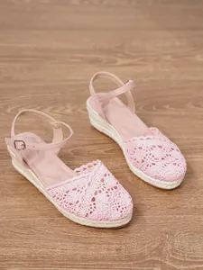 Sandalias de cuña tipo alpargata de encaje rosa para mujer con cierre de hebilla verano
