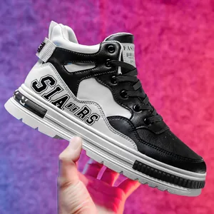 Trendy black and white high-top microfiber leather board shoes with lace-up design.
