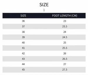 Size guide for men's lightweight beach sandals with foot length measurements