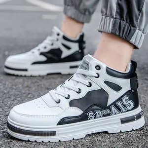 High-quality men's mid-top black and white micro-fiber leather streetwear sneakers