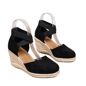 Sandalias de esparto con cuña negras para mujer con cómoda suela de plataforma
