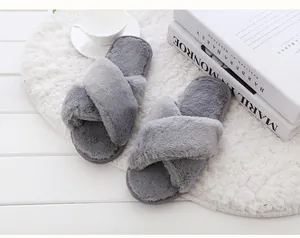 Close-up detail of soft grey cross-strap faux fur slippers displayed on a white plush rug