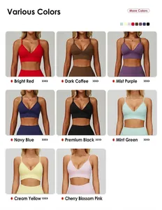 Seamless V-neck yoga sports bras with thin adjustable straps in eight vibrant colors.
