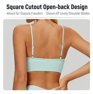 Back view of mint green ribbed yoga sports bra with thin adjustable straps and open back
