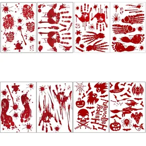 Halloween bloody handprint and footprint wall stickers set featuring pumpkins and bats decals