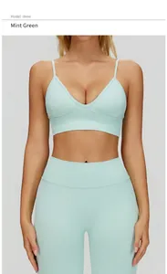 High-quality mint green V-neck sports bra with thin adjustable straps for yoga fitness.