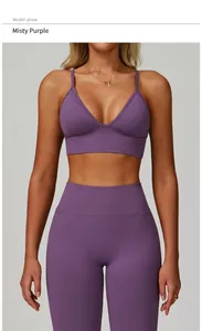 Front view of a women's fog purple V-neck sports bra with adjustable thin straps for yoga