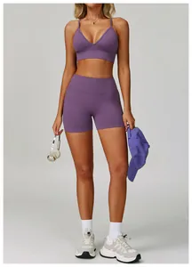Professional purple V-neck sports bra and high-waisted shorts yoga fitness set for women