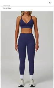 Professional navy blue yoga set featuring a V-neck sports bra and high-waisted leggings