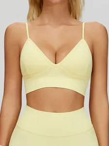Women's V-Neck Yoga Sports Bra Ribbed Seamless Workout Top With Adjustable Spaghetti Straps Breathable Gym Fitness Underwear