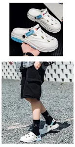Breathable white outdoor clogs for men with blue straps and thick sole for beach and water