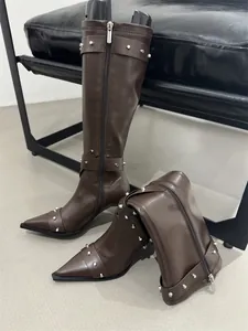 Close-up of brown vintage Western tall boots with silver studs and pointed toe