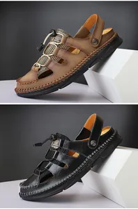 Men's handmade leather sandals with closed-toe design and contrast stitching details