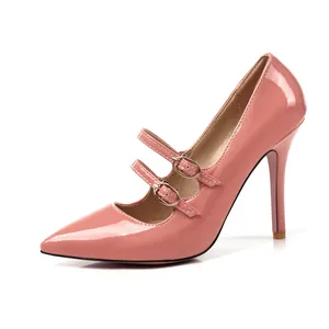 Elegant pink patent leather pointed toe high heel pumps with double gold buckle straps