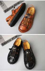Detailed view of men's handmade leather closed-toe summer sandals in brown and black