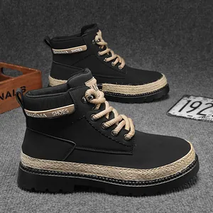 Men's black high-top waterproof leather work boots with thick sole and rope detail
