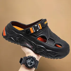 Comfortable sporty black and orange EVA platform clogs for men with non-slip thick soles