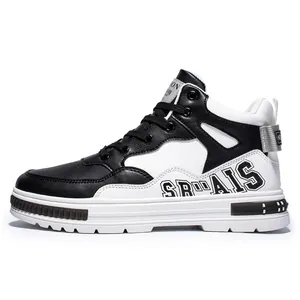 Mid-top black and white microfiber leather skate shoes for men with lace-up design