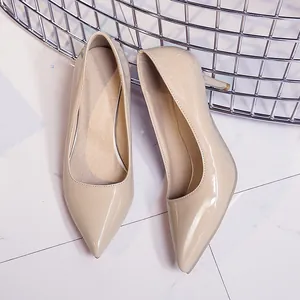 Elegant beige patent leather pointed-toe high-heel pumps with a glossy finish and 6cm heels