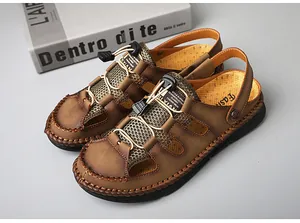 Brown men's closed-toe summer sandals featuring breathable mesh and handmade stitching details.