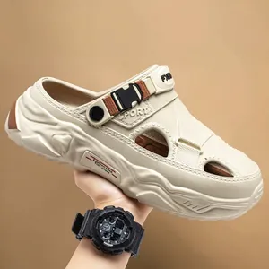 Men's thick-soled beige beach clogs with non-slip breathable design for summer wear.