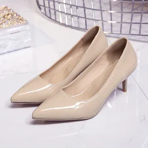 Elegant beige patent leather pointed-toe kitten heels with comfortable 6cm stiletto heel