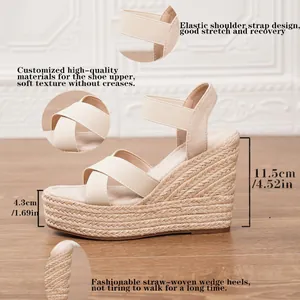 Sandalias de cuña de paja trenzada beige con tiras elásticas y plataforma alta