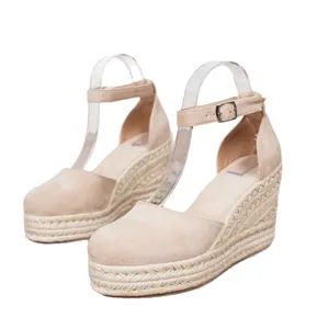 Moderne beige Damen-Espadrilles-Sandalen mit Keilabsatz, Plateau und Knöchelriemen