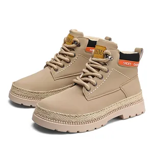 Men's waterproof leather high-top Martin work boots in beige with thick soles