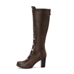 Vintage dark brown knee-high boots with silver rivet studs and stylish chunky high heels