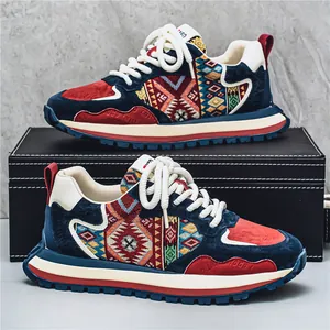 Men's National Style Sneakers Patchwork Canvas Suede Board Shoes Retro Ethnic Pattern Contrast Color Non-Slip Low Top Board Shoes