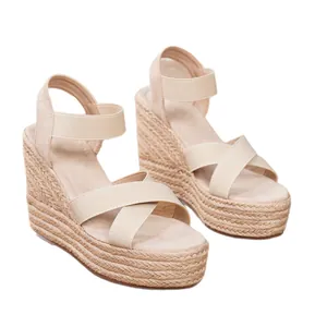Sandalias de esparto con cuña para mujer con suela de plataforma y tiras cruzadas