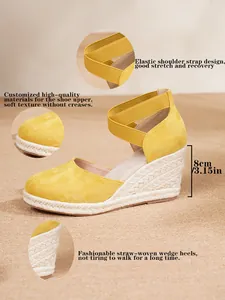 Detalles de las sandalias de cuña espardeñas amarillas con tacón de paja de 8 cm