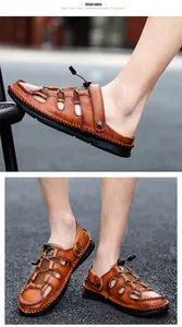 Close-up showing the intricate handmade stitching on these brown leather men's sandals.