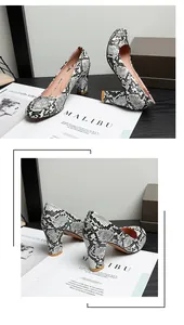 Close-up of snakeskin pattern pumps with chunky heels shown on a magazine background
