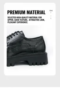Detaillierte Nahaufnahme schwarzer Plateau-Lederschuhe mit eleganten Brogue-Verzierungen