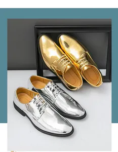 Detailed view of men's pointed-toe formal shoes in metallic gold and silver gloss