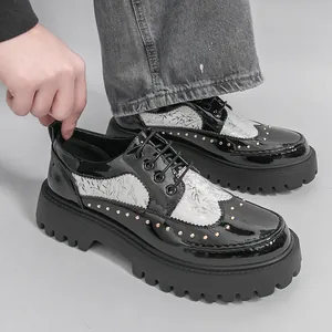 Men's fashion black and white patent leather shoes with rivets and thick chunky soles
