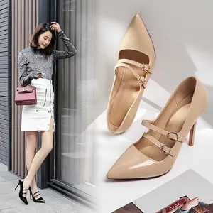 Pointed toe stiletto pumps with double decorative buckle straps in beige finish