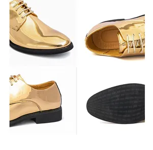 Details of shiny gold men's oxfords showing toe, side profile, interior and non-slip sole