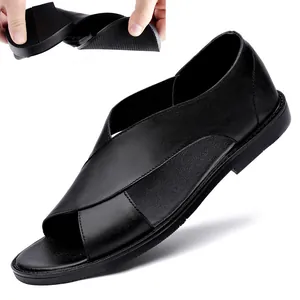Sandales en cuir noir pour hommes avec semelle souple flexible pour l'été