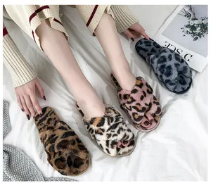 Stylish leopard print criss-cross plush slippers for women displayed in various colors.