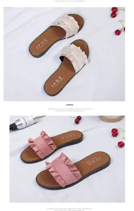 Detailed comparison of pink and beige casual flat slides with ruffle wood ear edge