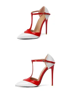 Vista dettagliata di eleganti tacchi a spillo bicolore rosso e bianco con cinturino a T