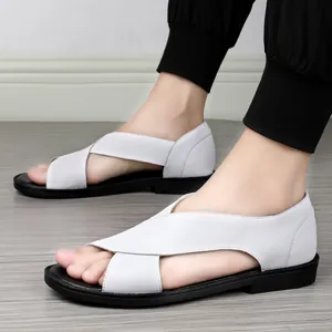 Sandales en cuir blanc pour hommes avec semelle antidérapante souple pour l'été